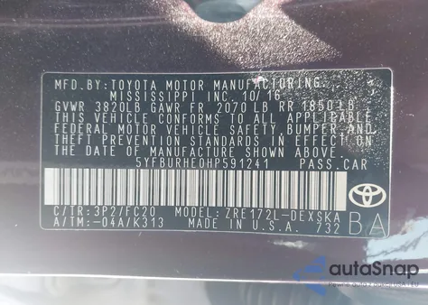 2017 Toyota Corolla Se Special Edition из США, поврежденный, VIN 5YFBURHE0HP591241